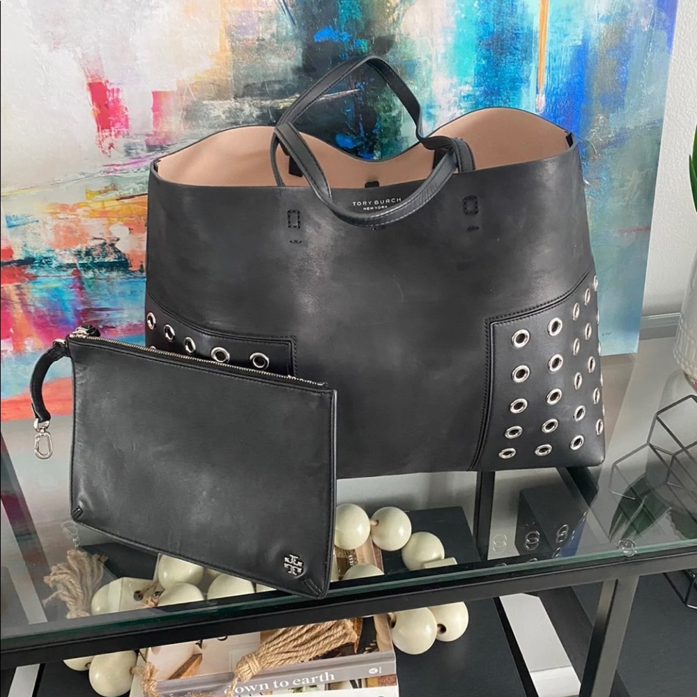 Tory Burch Black Suede Leather ‘Block-T’ Grommet Tote Bag